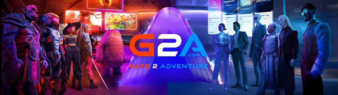 Kolorowa grafika z logo G2A przedstawiająca postacie z gier po obu stronach futurystycznej bramy