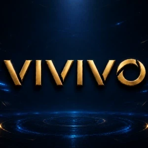 Logo Vivivo w złotym kolorze na ciemnym, futurystycznym tle z niebieskimi światłami