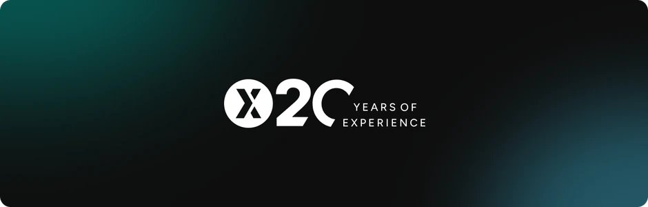 Logo firmy z napisem 20 lat doświadczenia na ciemnym tle symbolizujące wieloletnią praktykę i profesjonalizm