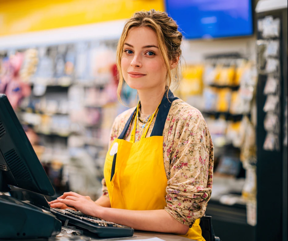 Młoda sprzedawczyni w żółtym fartuchu obsługująca kasę w sklepie z uśmiechem