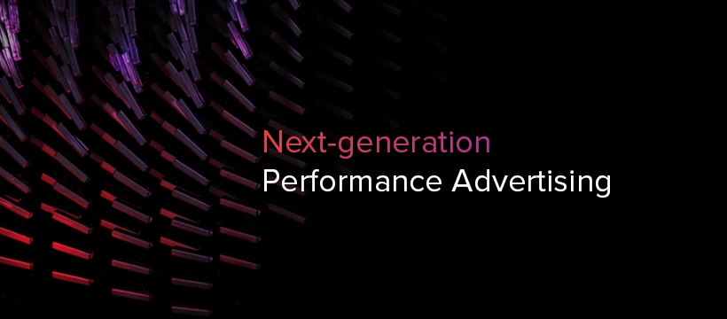 Motywacyjne hasło next-generation performance advertising z dynamicznym tłem technologicznego wzoru