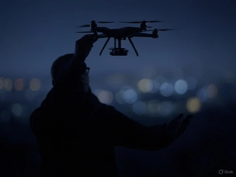 Osoba trzyma drona podczas wieczornego lotu na tle rozmytego oświetlenia miasta w nocy