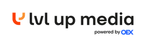 Logo firmy lvl up media powered by OEX z nowoczesnym symbolem i kolorowym akcentem