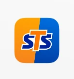 Logo firmy STS z charakterystycznym podziałem na pomarańczową i niebieską część tła