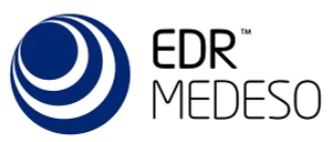 Logo firmy EDR Medeso z niebieskim, spiralnym symbolem obok nazwy na białym tle