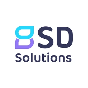 Nowoczesne logo firmy SD Solutions łączące kolorowe symbole i czytelny tekst na białym tle
