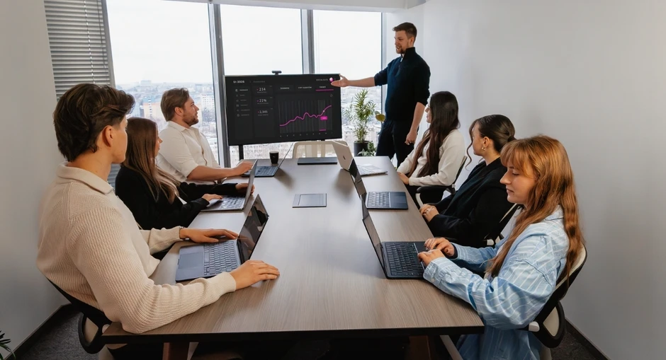 Zespół pracowników podczas prezentacji danych na ekranie w nowoczesnej sali konferencyjnej
