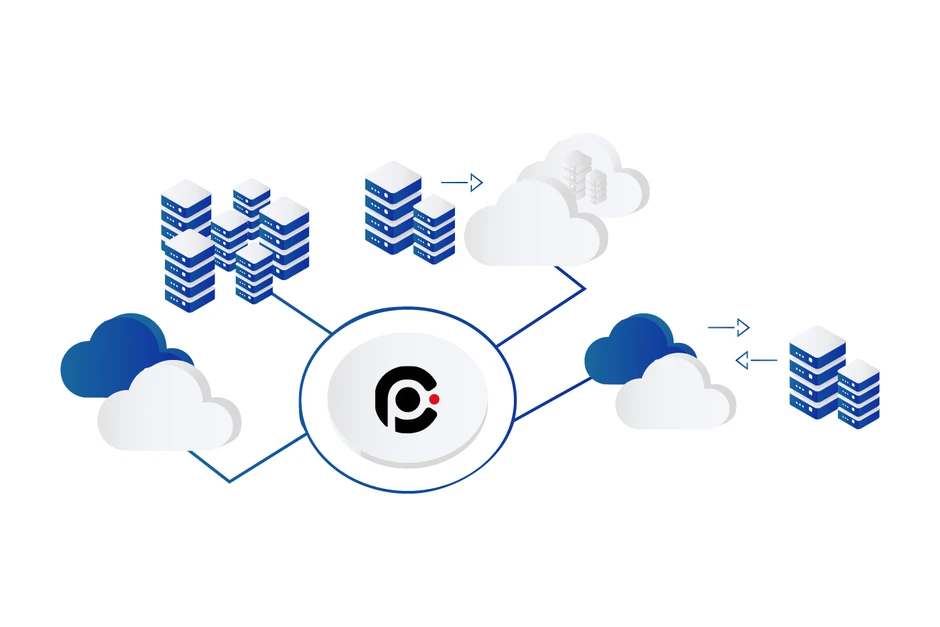 Schemat ilustrujący sieć serwerów i chmur obliczeniowych połączonych centralnym systemem zarządzania danych