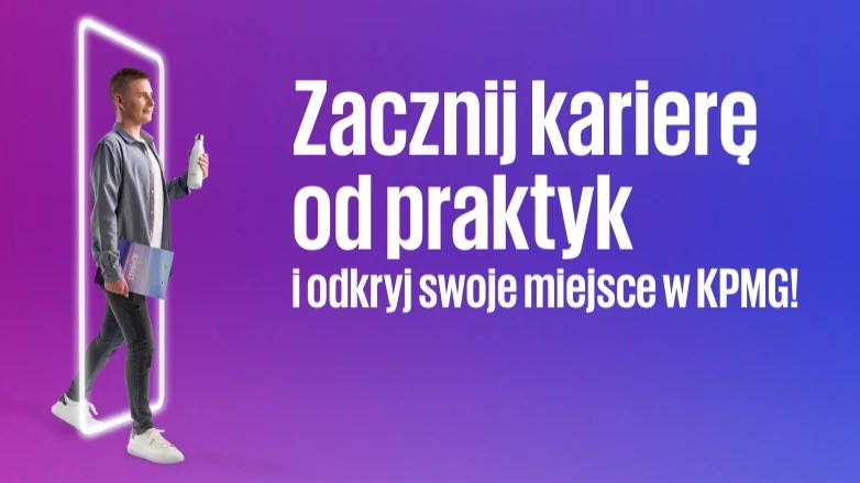 Młody człowiek wchodzi do otwartej drogi z napisem zachęcającym do praktyk w KPMG na fioletowym tle