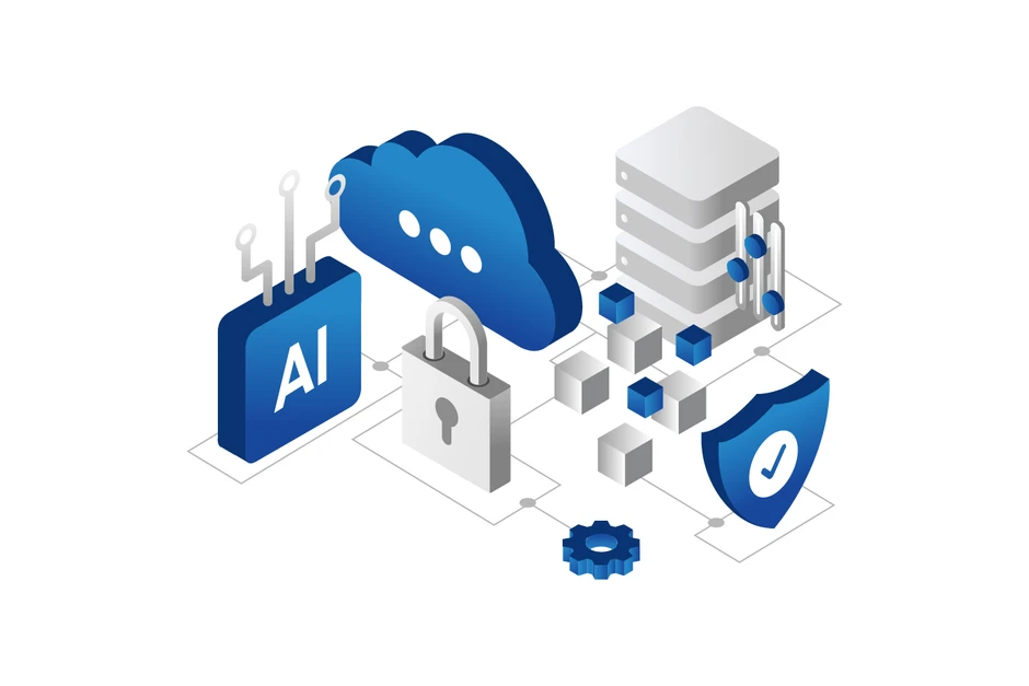Ilustracja symbolizująca integrację sztucznej inteligencji, chmury obliczeniowej i bezpieczeństwa danych w nowoczesnej technologii