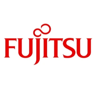 Logo firmy Fujitsu w czerwonym kolorze na białym tle symbolizujące markę technologiczną