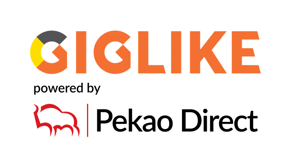 Logo GIGLIKE z graficznym symbolem bizona i nazwą marki w pomarańczowych i czerwonych kolorach na czarnym tle