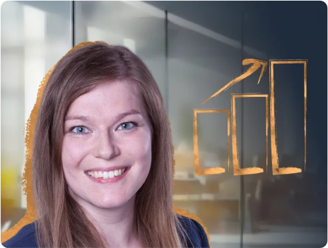 Uśmiechnięta kobieta na tle biura i wykresu wzrostu symbolizującego sukces firmy