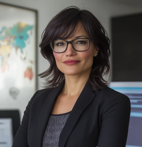 Profesjonalna kobieta w okularach i eleganckim garniturze w nowoczesnym biurze z mapą świata