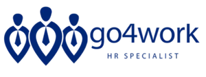 Logo go4work HR Specialist z trzema niebieskimi ikonami osób w kształcie zawieszek z krawatami