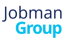 Logo firmy Jobman Group z nazwą w kolorach granatowym i niebieskim na białym tle