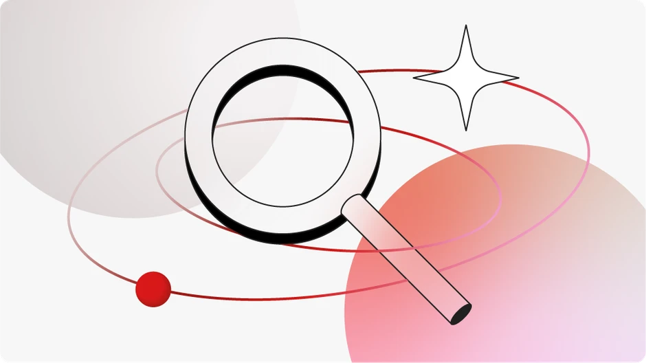 Nowoczesna grafika lupy otoczonej czerwoną orbitą symbolizująca precyzyjne wyszukiwanie i badania