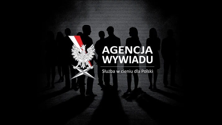 Cienie grupy ludzi na tle emblematu i napisu Agencja Wywiadu służba w cieniu dla Polski