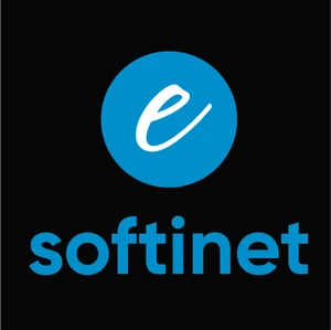Logo firmy Softinet z białą literą e na niebieskim tle oraz nazwą firmy w kolorze niebieskim na czarnym tle