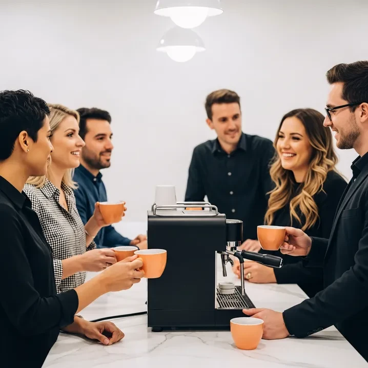 Zespół współpracowników rozmawia i pije kawę przy ekspresie w nowoczesnym biurze