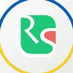 Logo firmy na białym tle z zielonym, białym i czerwonym elementem otoczone niebiesko-żółtym okręgiem