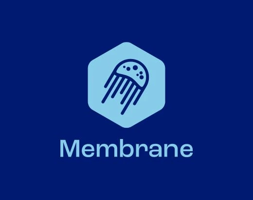 Nowoczesne logo firmy Membrane z stylizowaną meduzą na niebieskim tle jako symbol innowacji