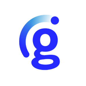 Logo w kształcie niebieskiej litery g z półokrągłym elementem symbolizującym technologię i komunikację