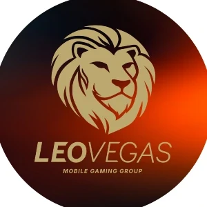 Logo LeoVegas przedstawiające stylizowaną głowę lwa na ciemnym tle z napisem Mobile Gaming Group