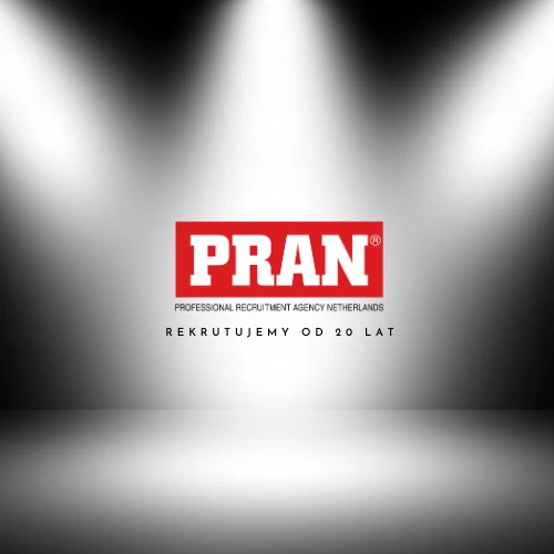 Logo agencji PRAN na tle białego światła z napisem rekrutujemy od 20 lat w profilu pracodawcy