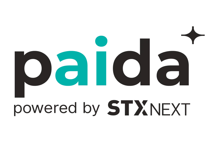 Logo firmy Paida powered by STX Next w nowoczesnym stylu z akcentem turkusowym