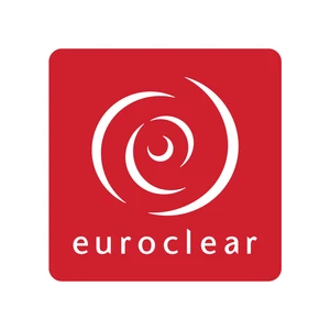 Logo firmy Euroclear na czerwonym tle z białym spiralnym symbolem i nazwą przedsiębiorstwa