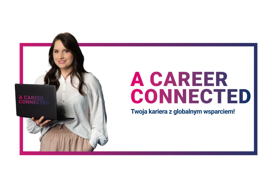 Młoda kobieta z laptopem prezentującym slogan A Career Connected w profesjonalnym profilu pracodawcy