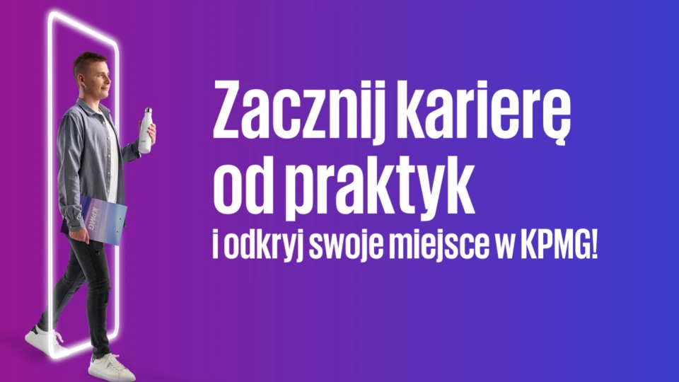 Młody mężczyzna przechodzi przez świetlny portal z folderem KPMG zachęcając do rozpoczęcia praktyk