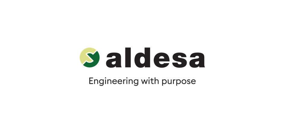 Logo firmy Aldesa z tagline Engineering with purpose na czarnym tle charakterystyczne dla profilu pracodawcy