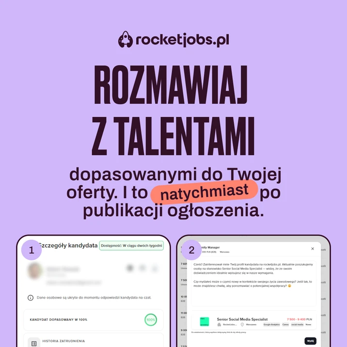Grafika reklamująca rocketjobs.pl zachęca do natychmiastowej rozmowy z dopasowanymi talentami po publikacji ofert pracy