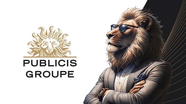 Nowoczesne logo Publicis Groupe obok lwa w garniturze i okularach jako symbol siły i profesjonalizmu