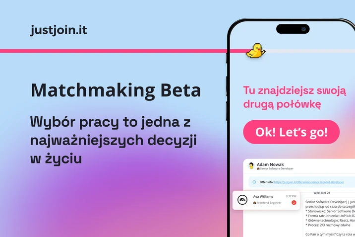 Grafika promująca aplikację justjoin.it pomagającą znaleźć idealną pracę i drugą połówkę zawodową