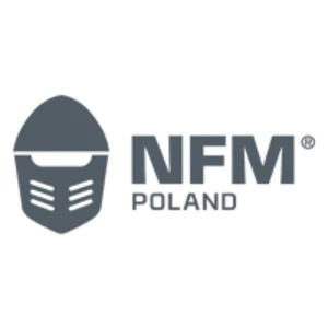 Logo firmy NFM Poland z ikoną hełmu rycerskiego obok nazwy przedsiębiorstwa