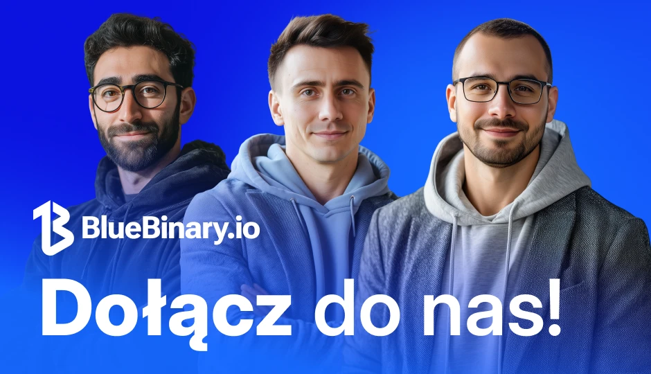 Trzech młodych mężczyzn w casualowych ubraniach zachęca do dołączenia do zespołu BlueBinary.io