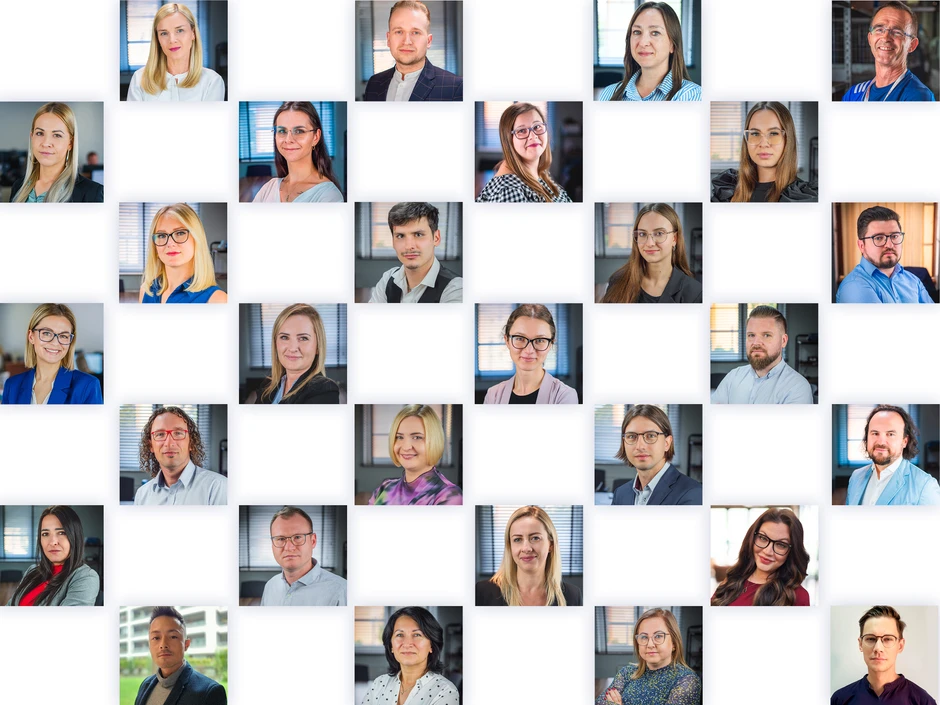 Zdjęcia portretowe zespołu pracowników w różnym wieku, prezentujących profesjonalizm i różnorodność