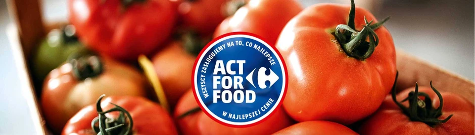 Dojrzałe czerwone pomidory ułożone w koszyku z logo Act For Food promującym najlepszą jakość żywności