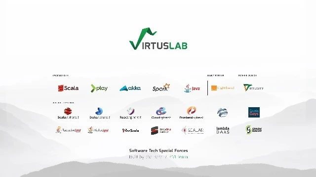 Logo VirtusLab na białym tle z ikonami technologii programistycznych oraz opisem specjalizacji firmy