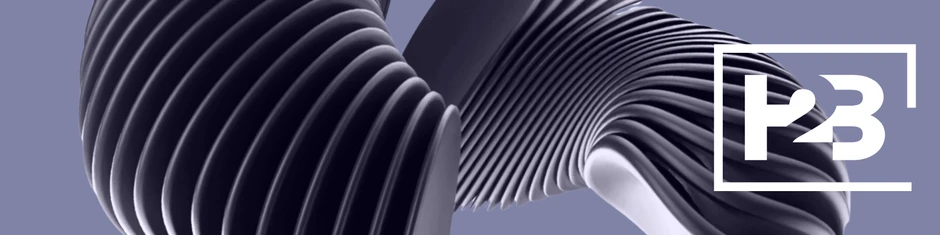 Nowoczesna grafika 3D z abstrakcyjnymi kształtami i logo P23 na fioletowym tle