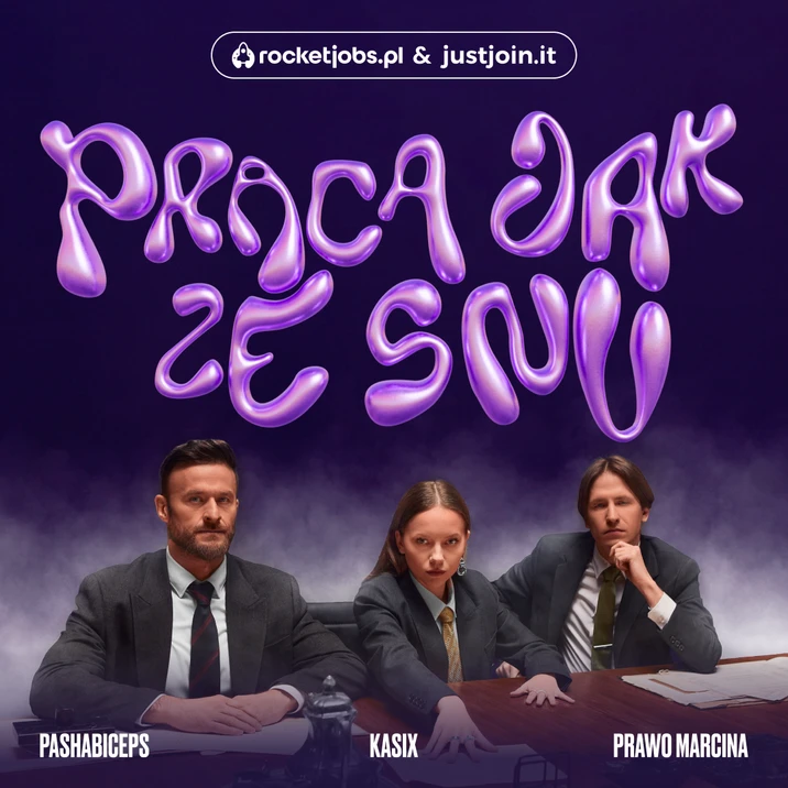 Trzech profesjonalnie ubranych ludzi siedzi przy stole pod napisem praca jak ze snu w fioletowym stylu