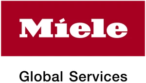 Logo firmy Miele Global Services na czerwonym tle, przedstawiające markę i zakres działalności