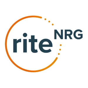 Logo firmy Rite NRG z nowoczesnym pomarańczowym okręgiem i ciemnoniebieskim napisem na białym tle