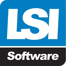 Logo firmy LSI Software na niebieskim i czarnym tle, symbolizujące markę technologiczną