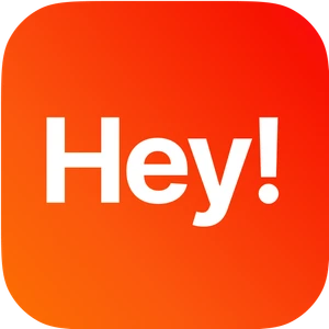 Nowoczesne logo aplikacji Hey! na tle przejścia od czerwonego do pomarańczowego ikona komunikacji