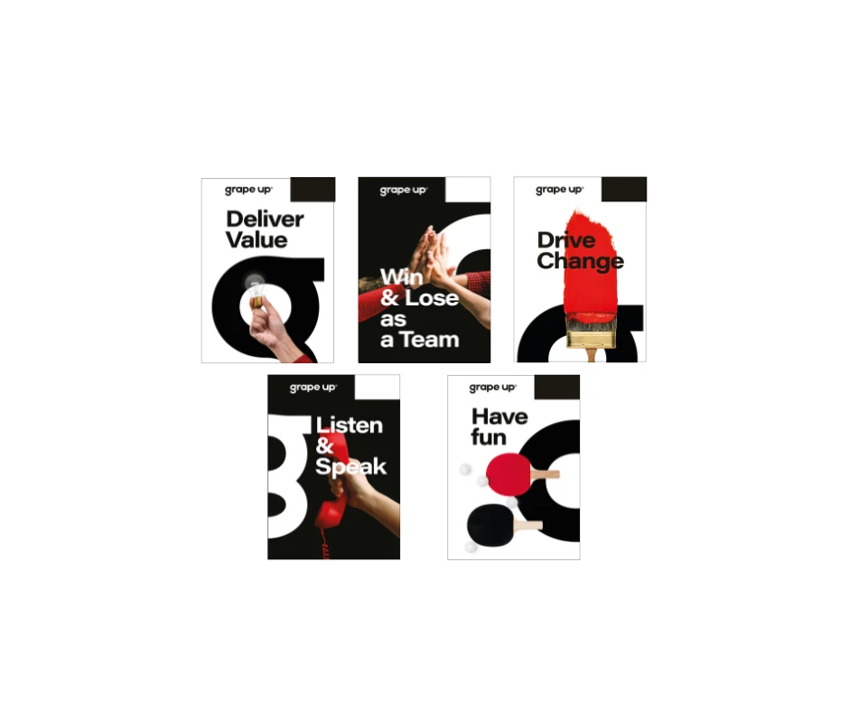 Zestaw plakatów promujących wartości firmy grape up z hasłami o pracy zespołowej i zmianach