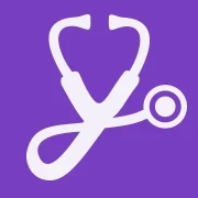 Prosty biały symbol stetoskopu na fioletowym tle reprezentujący opiekę zdrowotną i medycynę